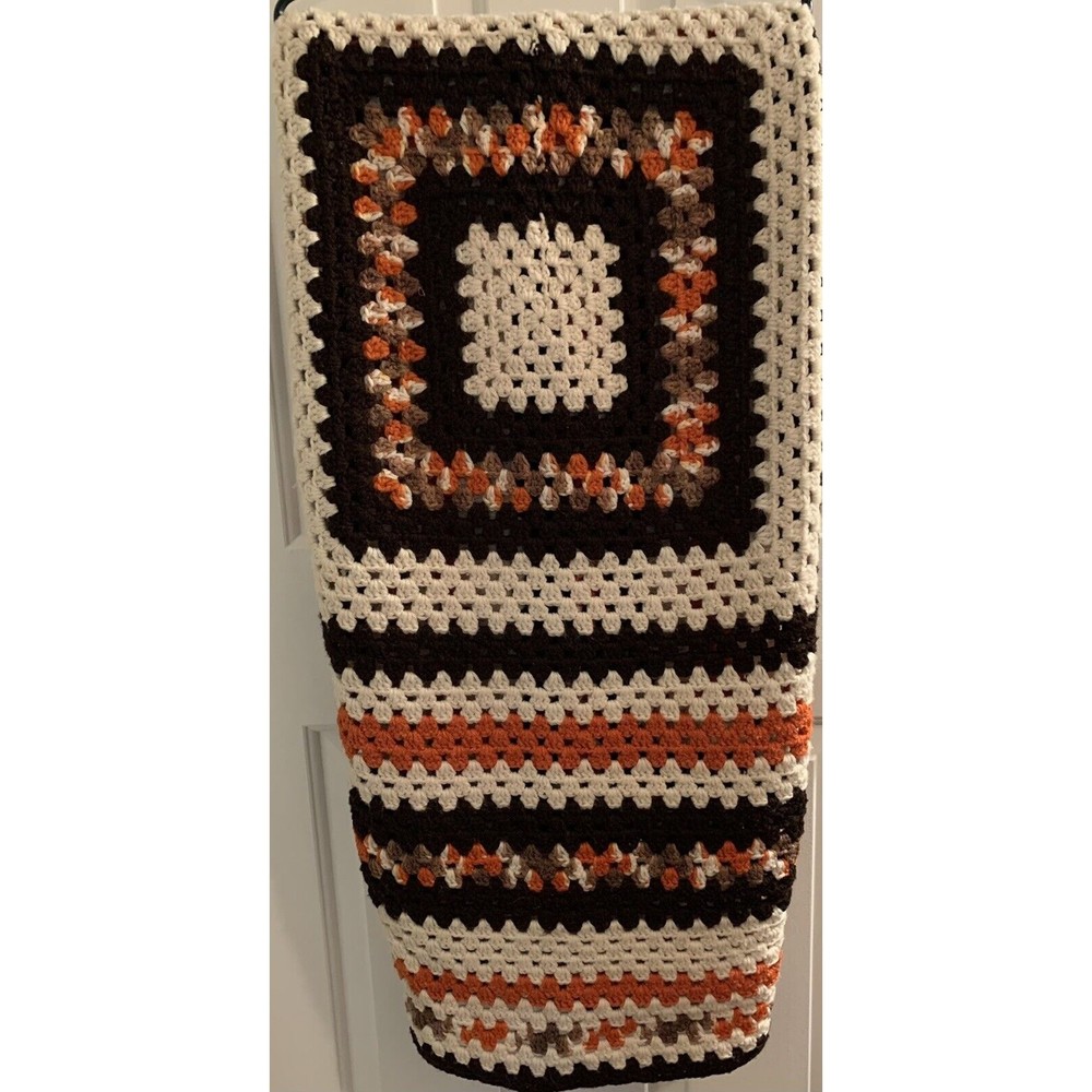 Vintage Crochet 61 x 58 Knit Afghan Throw Blanket Boho Fall Southwest Colors .
